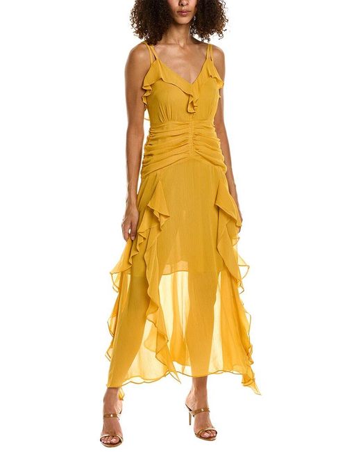 Beulah London Yellow Ruffle Midi Dress