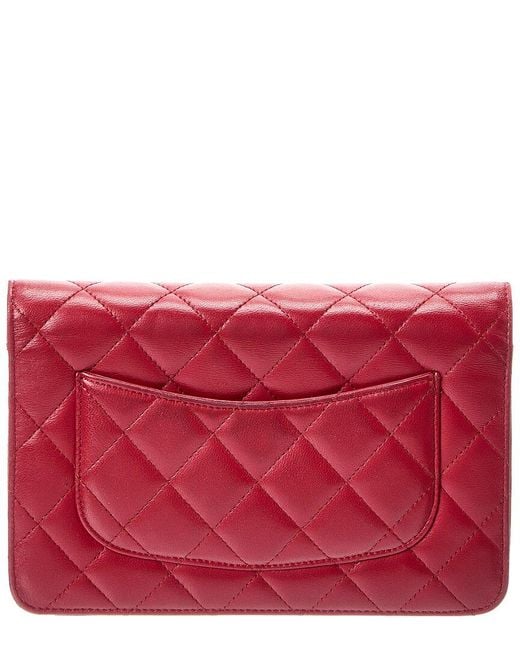 Chanel Red Chai Quilted Lambskin Leather Wallet On Chain (authentic Pre-loved)