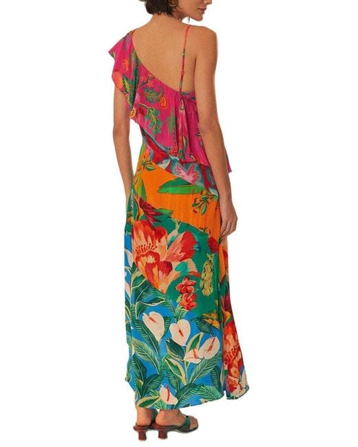 Farm Rio Green Mixed Flowery Ruffle One Strap Midi Dress