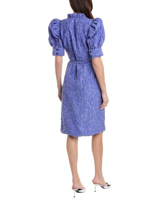 Ganni Blue 3d Jacquard Wrap Ruffle Midi Dress