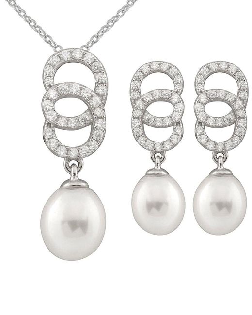 Splendid White Silver 7-8mm Freshwater Pearl & Cz Earrings & Necklace Set Set for men