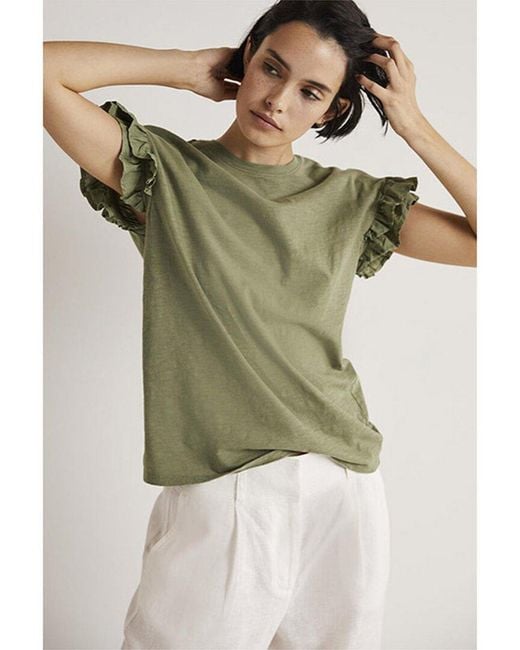 Boden Green Woven Frill Sleeve T-shirt