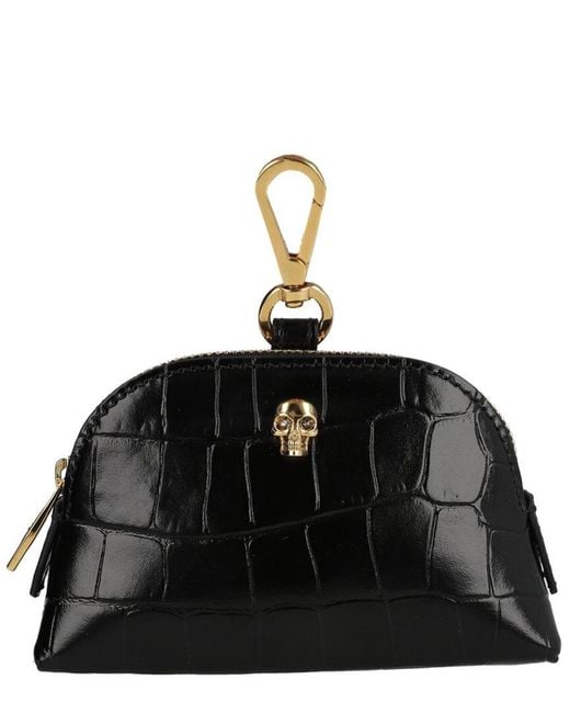 Alexander McQueen Black Skull Zip Croc-Embossed Leather Coin Purse