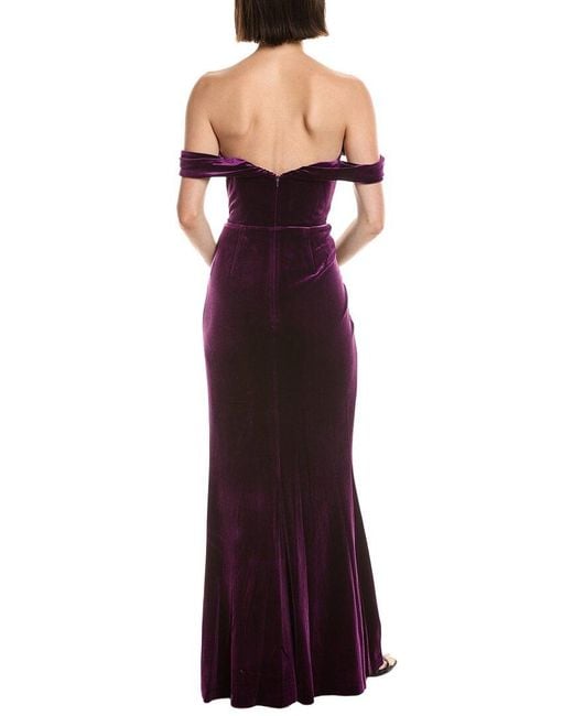 Marchesa Purple Off-The-Shoulder Velvet Maxi Dress