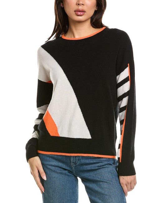 Brodie Cashmere Black Spencer Spliced Stripe Crewneck 100% Cashmere Sweater