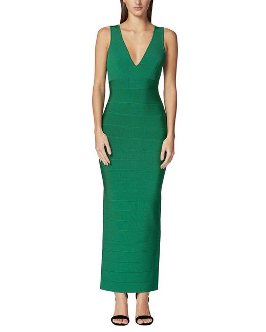 Hervé Léger Green Icon Plunging V-neck Gown