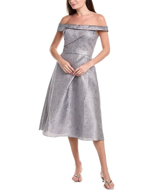 Rene Ruiz Gray Off-The-Shoulder A-Line Brocade Cocktail Dress