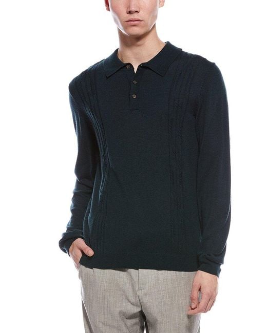 Bruno Magli Blue Cable Front Merino Wool Polo Sweater for men