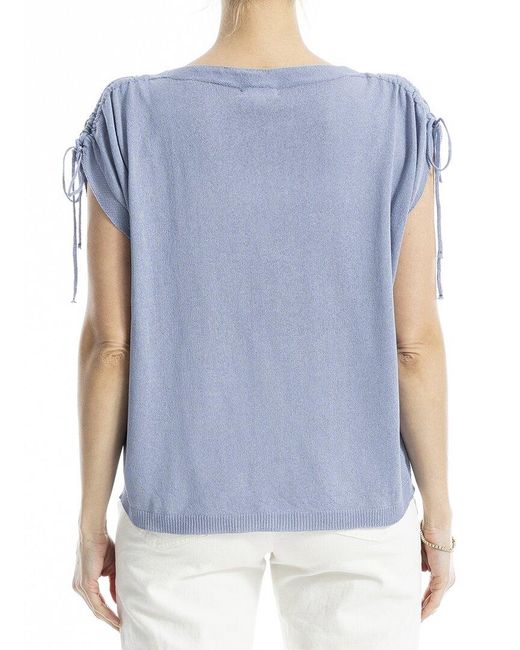 Max Studio Blue Drawstring Sleeve Linen-Blend Top