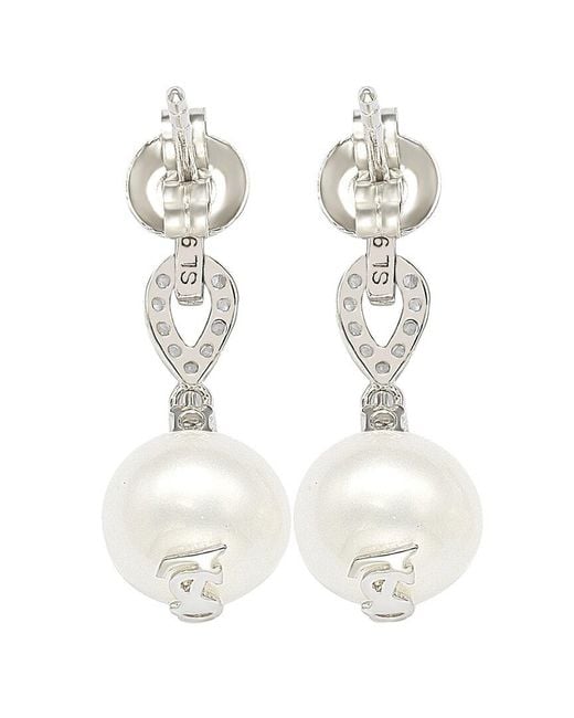 Suzy Levian White Silver 0.28 Ct. Tw. Sapphire & 8mm Pearl Drop Earrings