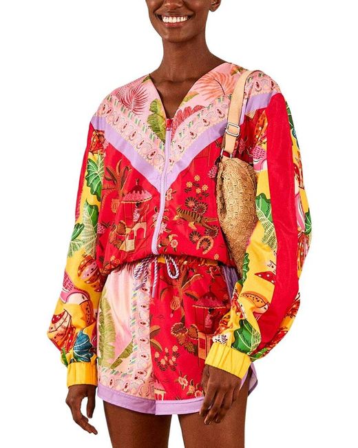 Farm Rio Red Mixed Scarves Windbreaker