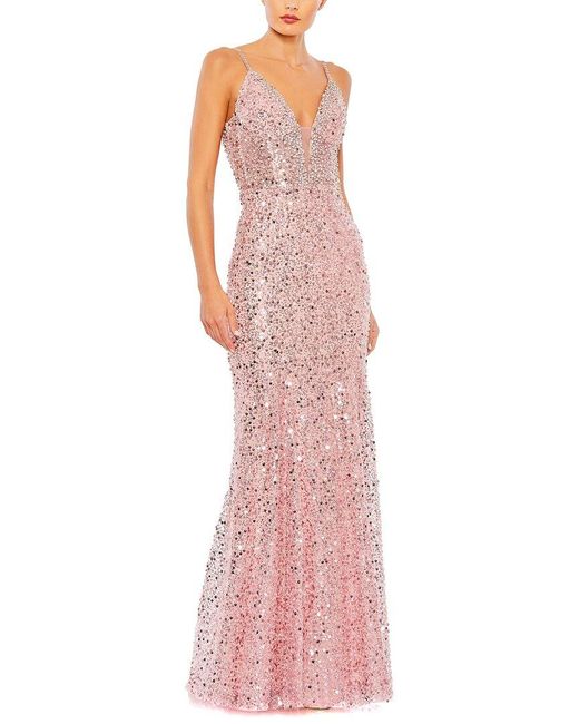 Mac Duggal Pink Embellished Plunge Neck Sleeveless Trumpet Gown