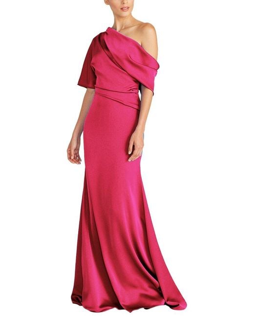 THEIA Red Remi One Shoulder Draped Gown