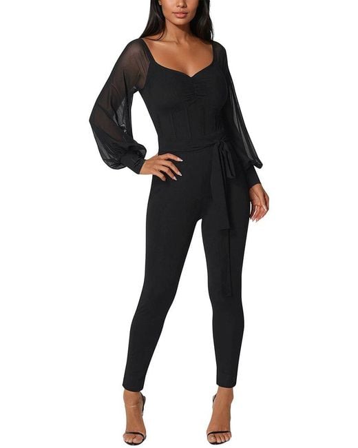 Bebe Black Printed Mesh Off Shoulder Catsuit