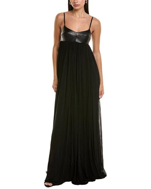 Michael Kors Black Trapunto Leather-Trim Silk-Blend Gown