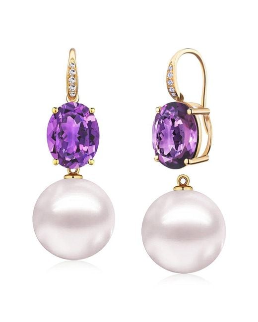 Kai Fine Jewelry Purple 14K 6.05 Ct. Tw. Diamond & Amethyst & 12-13Mm Pearl Drop Earrings