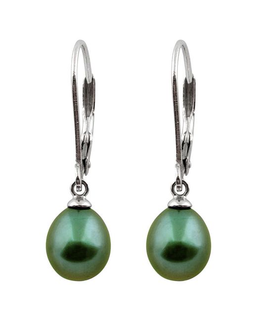 Splendid Green Rhodium Plated Silver 7.5-8mm Freshwater Pearl Drop Earrings