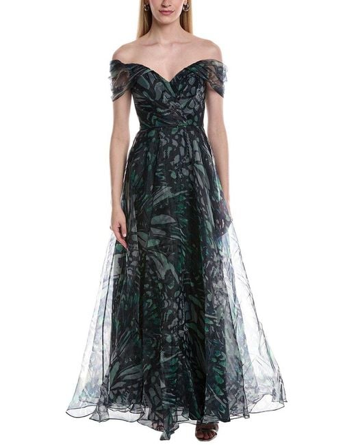 Rene Ruiz Green Draped A-Line Printed Organza Gown