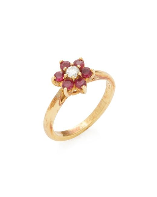 Tiffany & Co Metallic Vintage 18k Yellow Gold, Red Stone & Diamond Flower Ring
