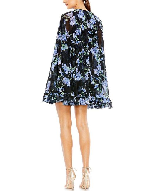 Mac Duggal Blue Floral Print High Neck Ruffle Hem Cape Mini Dress