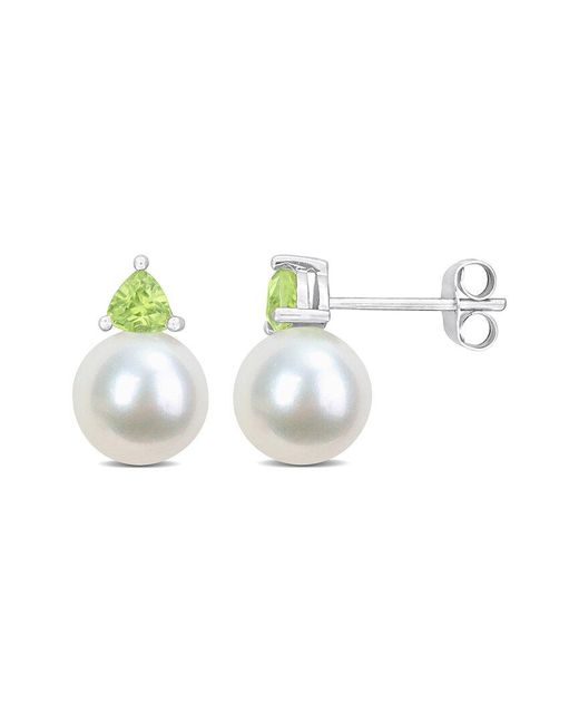 Rina Limor White 10k 0.56 Ct. Tw. Peridot & 8-8.5mmmm Pearl Studs