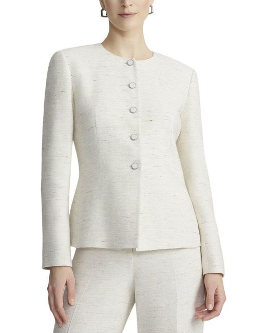 Lafayette 148 New York White Fitted Waist Collarless Linen-blend Jacket
