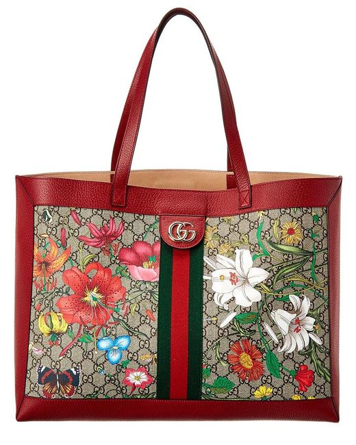 Gucci Red Ophidia Medium GG Flora Canvas & Leather Tote