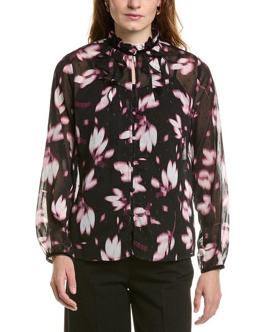 Anne Klein Black Floral Print Polyester Button-Down Top