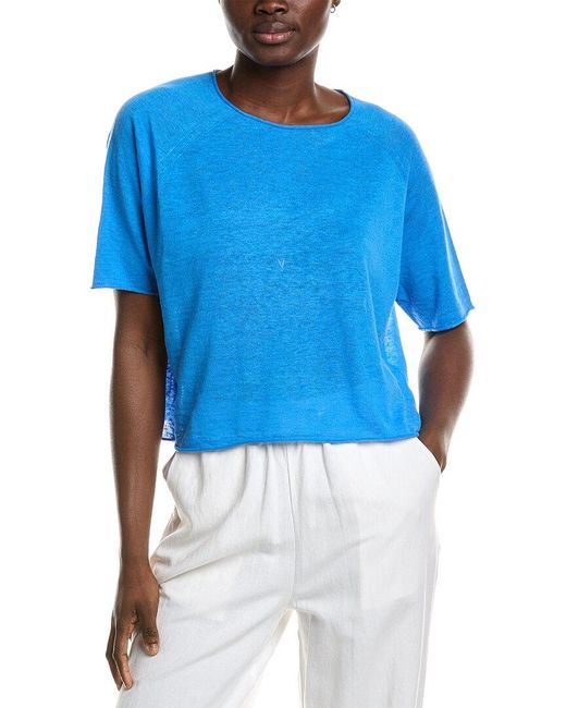 Eileen Fisher Blue Linen-Blend Crop T-Shirt