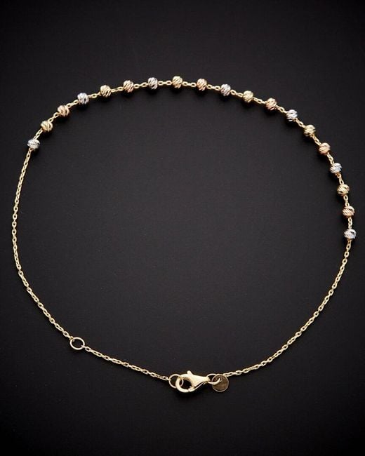 Italian Gold Black 14k Italian Tri-tone Bead Station Ankle Bracelet