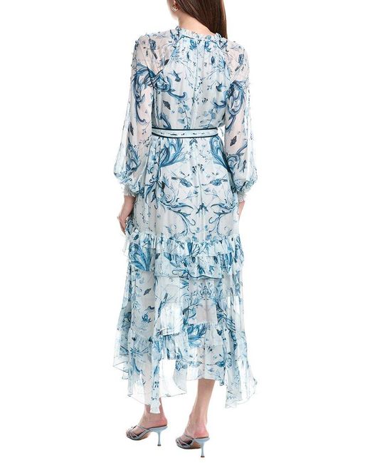 Marchesa Blue Ruffle Silk Chiffon Maxi Dress