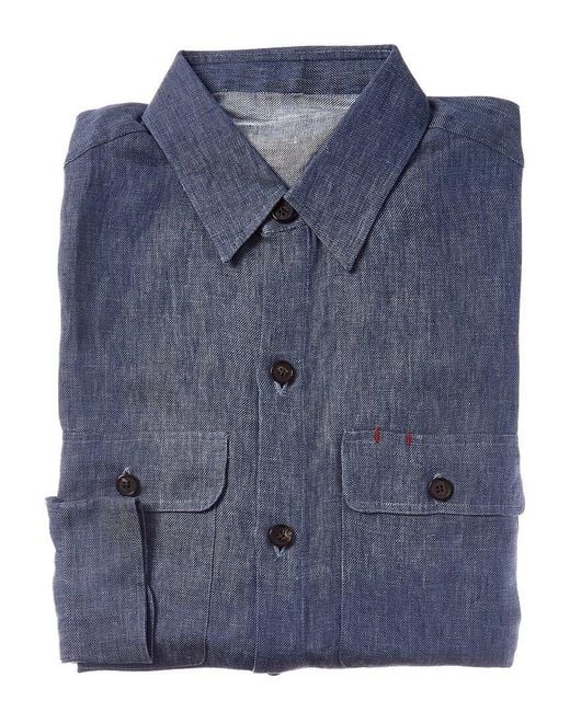 Isaia Blue Linen Overshirt for men