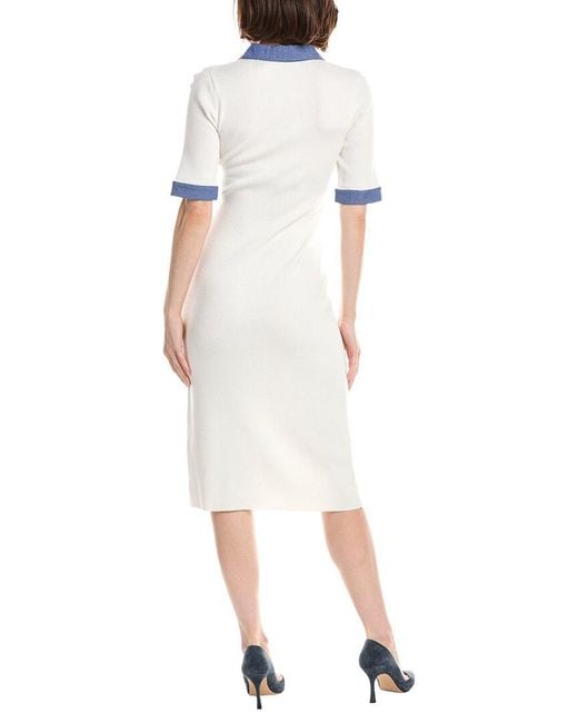 Tahari White Elbow Sleeve Split Neck Rib Dress