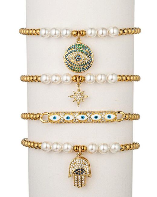 Eye Candy LA Natural The Luxe Collection Titanium Pearl Cz Hamsa & Evil Eye 4pc Stretch Bracelet Set
