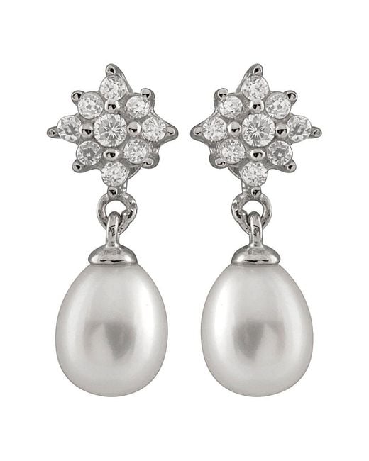 Splendid White Rhodium Plated Silver 6.5-7mm Freshwater Pearl & Cz Drop Earrings