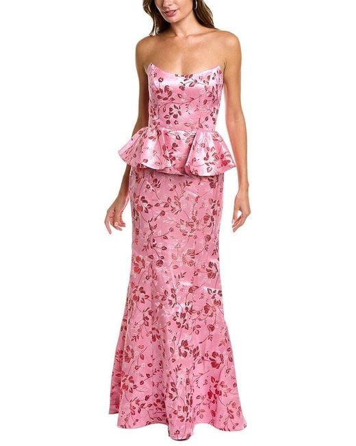 Marchesa Pink Strapless Metallic Brocade Peplum Gown