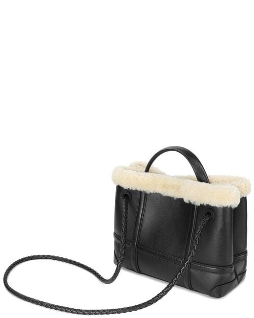 Tiffany & Fred Paris Black Smooth Leather & Shearling Top-Handle Tote