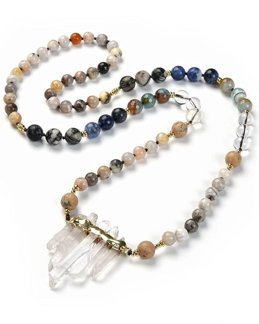 Eye Candy LA Metallic Gemstone Agate & Clear Quartz Handmade Knotted Necklace