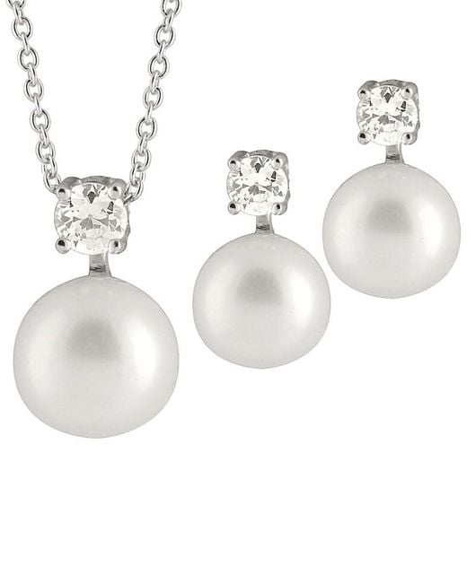 Splendid White Silver 7.5-8mm Freshwater Pearl & Cz Drop Earrings & Necklace Set