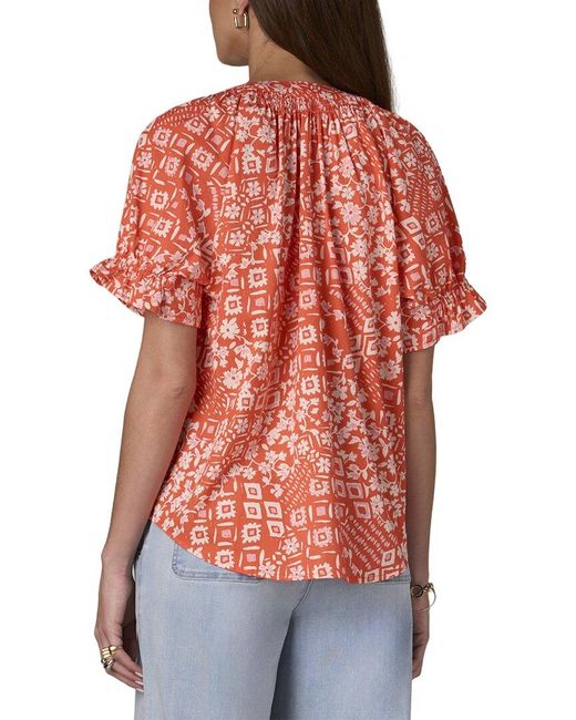 Wit & Wisdom Red Short Cinched Sleeve Stand Collar Top
