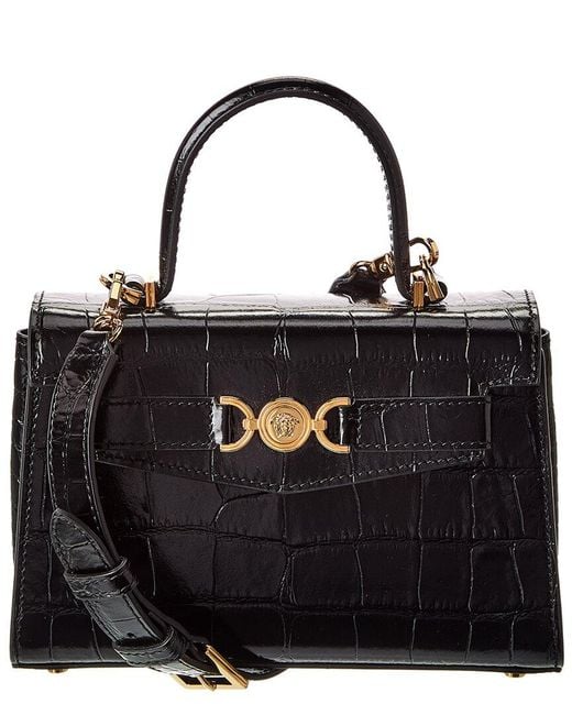 Versace Black Small Croc-Embossed Leather Top Handle Satchel