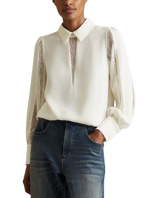 Reiss White Renata Lace Sleeve Detail Blouse