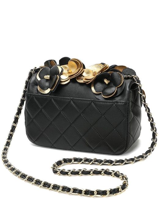 Tiffany & Fred Paris Black Full-grain Floral Leather Shoulder Bag