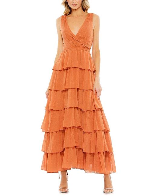 Mac Duggal Orange Polka Dot Ruffle Tiered Sleeveless Dress