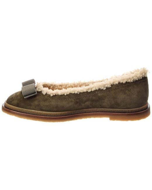 Ferragamo Green Varina Suede & Shearling Ballerina Flat