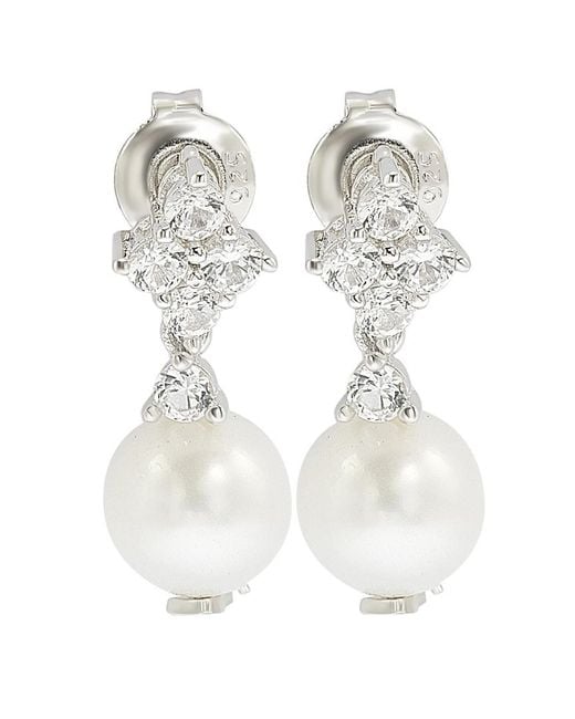 Suzy Levian White Silver 0.60 Ct. Tw. Sapphire & 8mm Pearl Drop Earrings