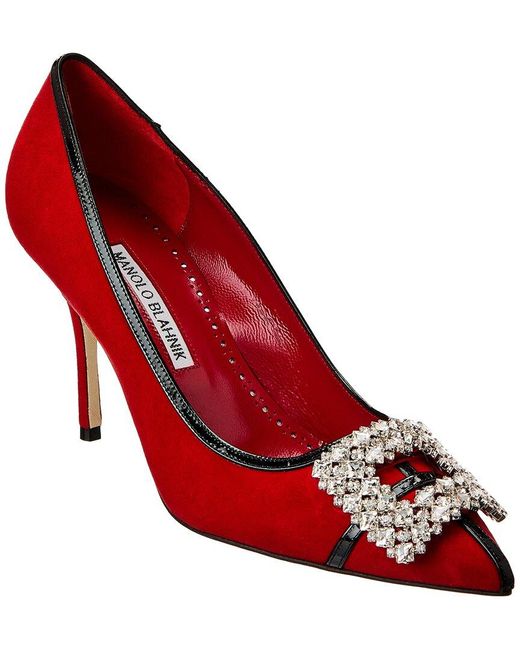 Manolo Blahnik Red Tuberian 90 Suede & Leather Pump