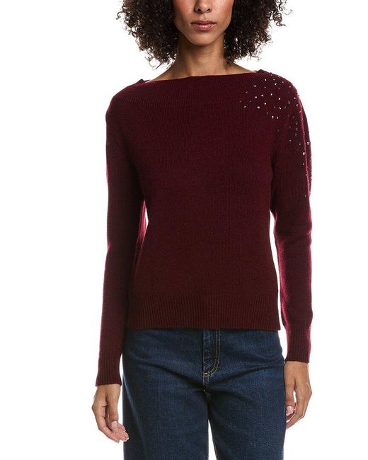 Forte Red Crystal Cluster Off Shoulder Wool & Cashmere-Blend Sweater