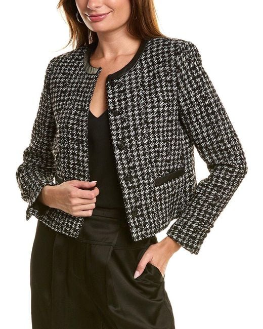 The Kooples Gray Leather -trim Wool-blend Tweed Jacket