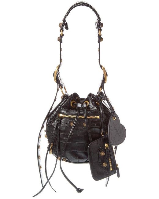 Balenciaga Black Le Cagole Xs Croc-embossed Leather Bucket Bag